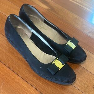 Salvatore Ferragamo black suede flats with woven detailing